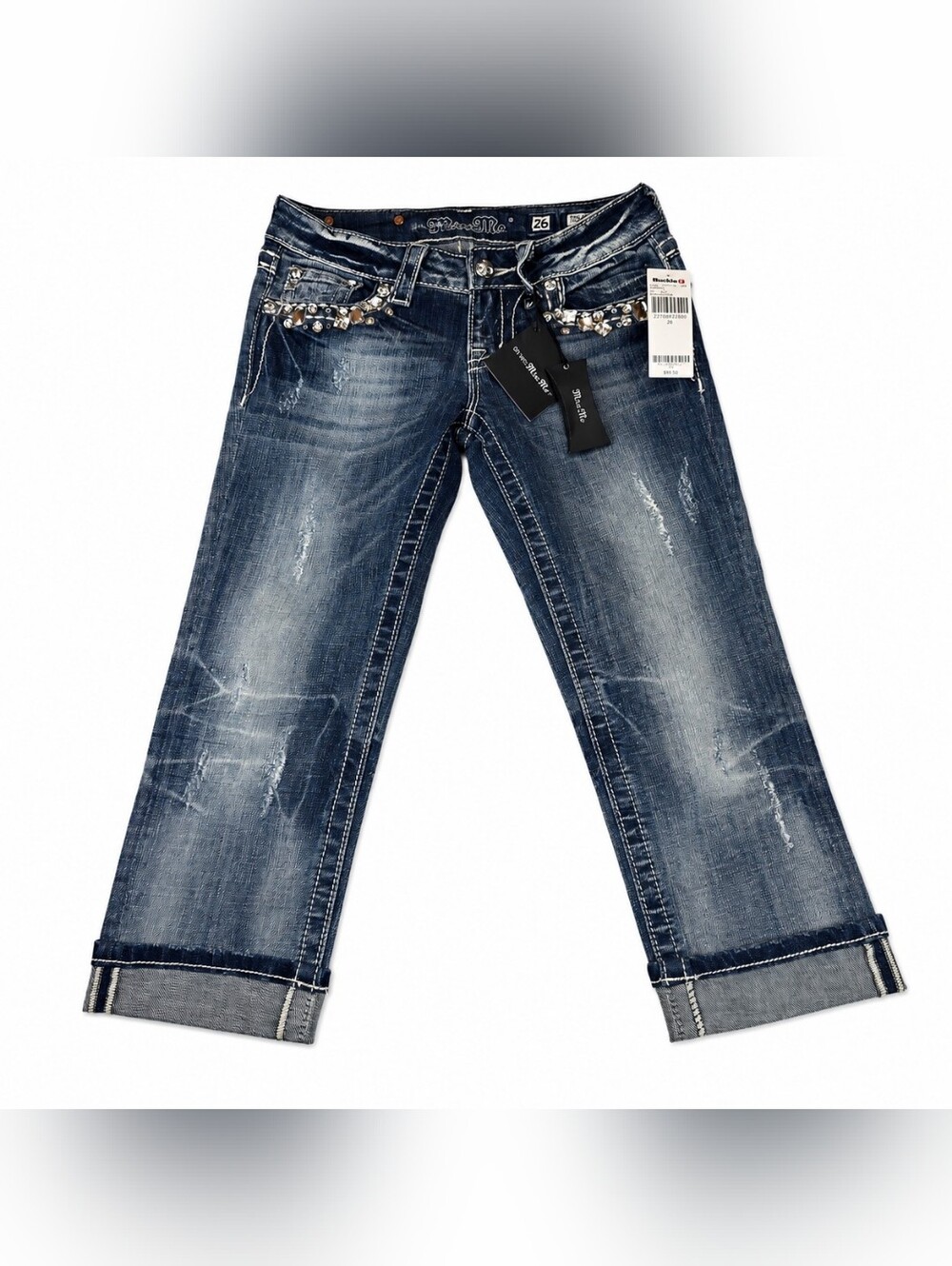 Miss Me Dark Blue Embellished Cuffed Cropped Jeans